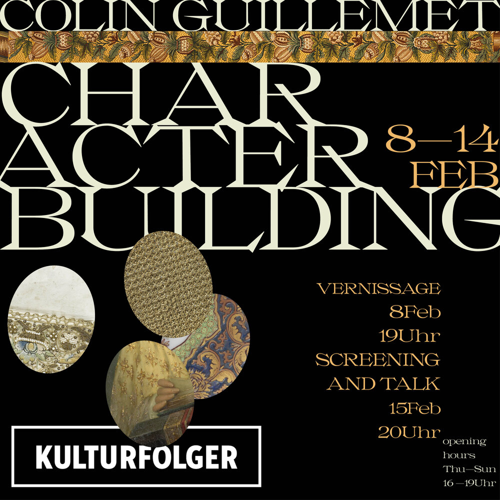 How far could it stray  and still be called Sculpture?  The box is back.  There is no red thread,  only a red ball&nbsp;to follow.  Hard to navigate arrays&nbsp;in which  anything could literally&nbsp;be anything.  There is designation one can hang onto,  with thanks to an arbitrary indexical presence.  As a friend recently said  –about something else altogether–  "real character building shit right there".  &nbsp;Colin Guillemet    There will be a screening of a recent video work and a talk on Sat  15 Feb, 20 Uhr. (Note that the exhibition is getting a complete overhaul  for&nbsp;the 15 Feb).        CHARACTER BUILDING    08. - 14.02.20   &nbsp;  VERNISSAGE  SAMSTAG, 08.02.20, 19 UHR    Screening + Künstlergespräch: 15.02.20, 20 UHR  &nbsp;  Öffnungszeiten:    Do - Sa: 16 -19 UHR   So: 16 -18 UHR
