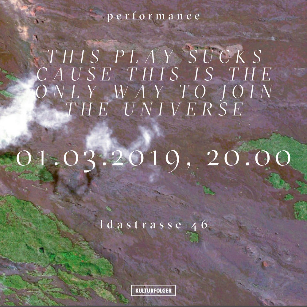 "This Play Sucks" is a pluri-form around an artistic wind tunnel in  Zurich and its possible impossibilities: a theater play that cannot be  staged, a yearly calendar that cannot be followed, a tornado –onstage  and backstage– photo album, and at the same time full of swirling  metaphors that test your mind. Written by the Greek writer Eirini  Sourgiadaki, who is Certified on Metaphorical Thinking &amp; Acting, and  materialised by Florian Dombois and Viola Zimmermann this book shows  the "only one way to control life [...] being publicly presented here  for the first time ever, as a minimum contribution to science and  humankind."