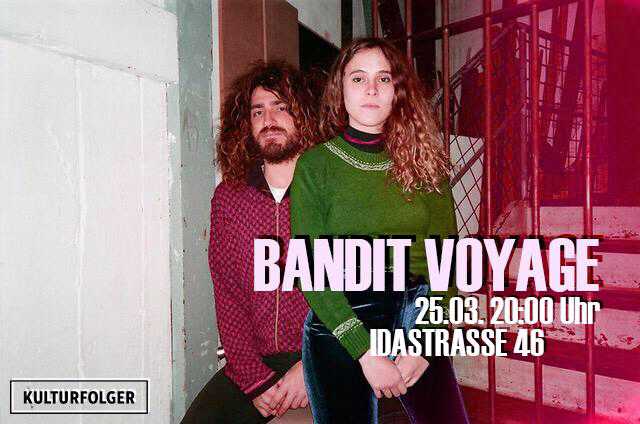 Robin Arthur Girod, in der Szene schon länger als legendärer Musiker diverser Bands wie Duck Duck Grey Duck oder Mama Rosin bekannt, formt mit Anissa Cadelli ein eigentümliches Duo, welches uns mit ihrem Projekt Bandit Voyage ein kurzweiliges Eintauchen in den Lo-Fi Kosmos der beiden Weltenbummler erlaubt. Zur Drum-Machine Begleitung wird auf Französisch und Englisch gewispert und gesungen. Das Sonntagabendkonzert im Kulturfolger gibt uns schon mal einen Einblick in ihr in Kürze auf Girod's eigenem Label Cheptel Records zu erscheinenden Album, 'Le Gang'. Eintritt frei für Sonntagabendträumer. Und für alle Anderen auch. Bar 20:00 Uhr. Show 20:30 Uhr. https://www.youtube.com/watch?v=KMYVaLq6dvs https://www.youtube.com/watch?v=ic6DbPv8OF4