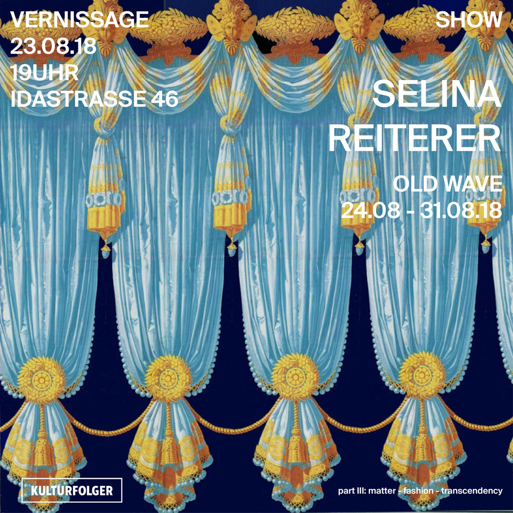 The pieces in old wave are analyzing the hybridity of textiles as medium, material and metaphor. The entity of textile structure - its flexibility and softness - invites on abstraction and reflection. Drapes, folds, waves and forms of motion materialize the echo of rhythm, repetition and eternity. Based on Gilles Deleuzes’ „The Fold“ in which the world is a body of infinite folds and surfaces that twist and weave through compressed time and space, pieces illustrate a scene of that thought. Repetition as a sign of parallel dimensions, rhythm as a catalyst of multiple becomings of individuals. In meaning of continuous repetition, may it be fashion or other social trends, the displayed objects are trying to paraphrase this redundancy - We are not „new wave“ - it’s just old waves that come back in different shapes - #retroworld . www.selinareiterer.com after 20.30 Bar with DJ Stuchy