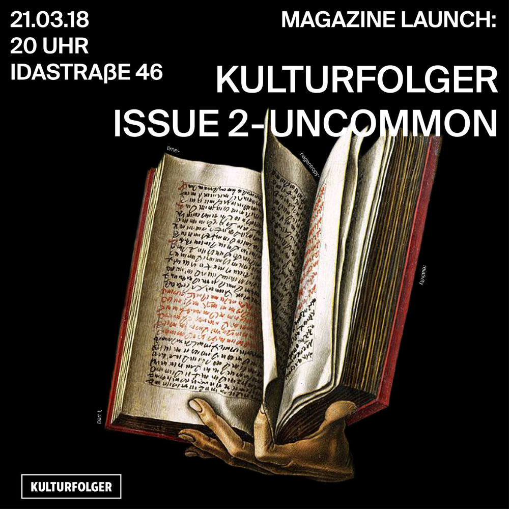 Making a publication shows a certain decadence that is suited to art. It needs to be abstraction, it is necessary to celebrate abundance, the beauty of the world, the beauty of the mind, in an uncommon way. And we have finally made it - our long-awaited Issue 2 is finally out! Contributions by: Baggenstos & Rudolf, Delphine Chapuis-Schmitz, Piero Good, Roxy Grand, huber.huber, Dominic Oppliger, Catherine Schelbert, David Schildberger Graphic Design: Martin Mur - Join us for a talk, poetry reading, insect tasting, and a dancing night! 20:00 - Talk: Murmuring Uncommon - 20:30 - Reading: Delphine Chapuis-Schmitz Roxy Grand Dominic Oppliger David Schildberger - Insect Apéro! - After 21:00 - smooth dj tunes