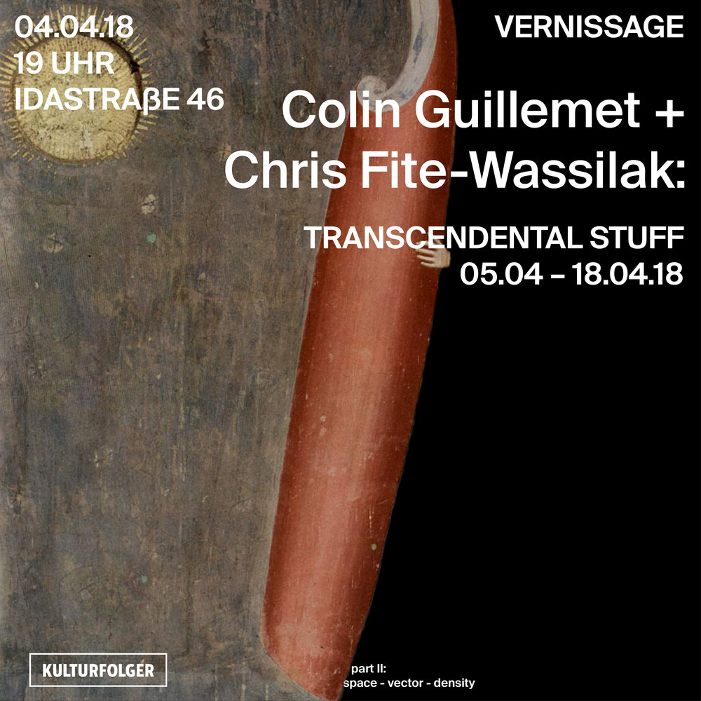 Chris Fite-Wassilak is a writer and critic based in London. He is a regular contributor to Apollo, Art Monthly, Art Papers, ArtReview and frieze. He is a contributing editor of ArtReview, and co-organiser with artist Anne Tallentire of the event ‘hmn’. His short book of essays, Ha-Ha Crystal (2016) is published by Copy Press. Colin Guillemet is an artist based in Zurich. He makes works wherever and any which way sculpture and conceptual approaches happen to meet; and is generally fond of the space which opens up when the viewer understands something but doesn’t yet understand what he or she understood. His work has been shown internationally, including recently in Dienstgebaude, Zurich; La Sécu, Lille; Aksioma Institute for Contemporary art and Galerija Skuc, Ljubljana; and Ha Gamle Prestegard, Stavanger, Norway. Transcendental Stuff will be presented: a) as a contract between (i) sender and receiver, (ii) form and content; b) and as an entity embodying all instances of interaction thereof. Abiding to the following statutes, Transcendental Stuff: (c) will contain all projections, interjections and objectifications within the timeframe of fourteen days; (d) cannot be taken as the last word on the subject matter; (e) cannot be used as a precedent or evidence. All equivalences between unfolding, exuberance and elevated states – of any kind – will remain subject to discretionary confidentiality between all respective parties as outlined in a) (i) and a) (ii).