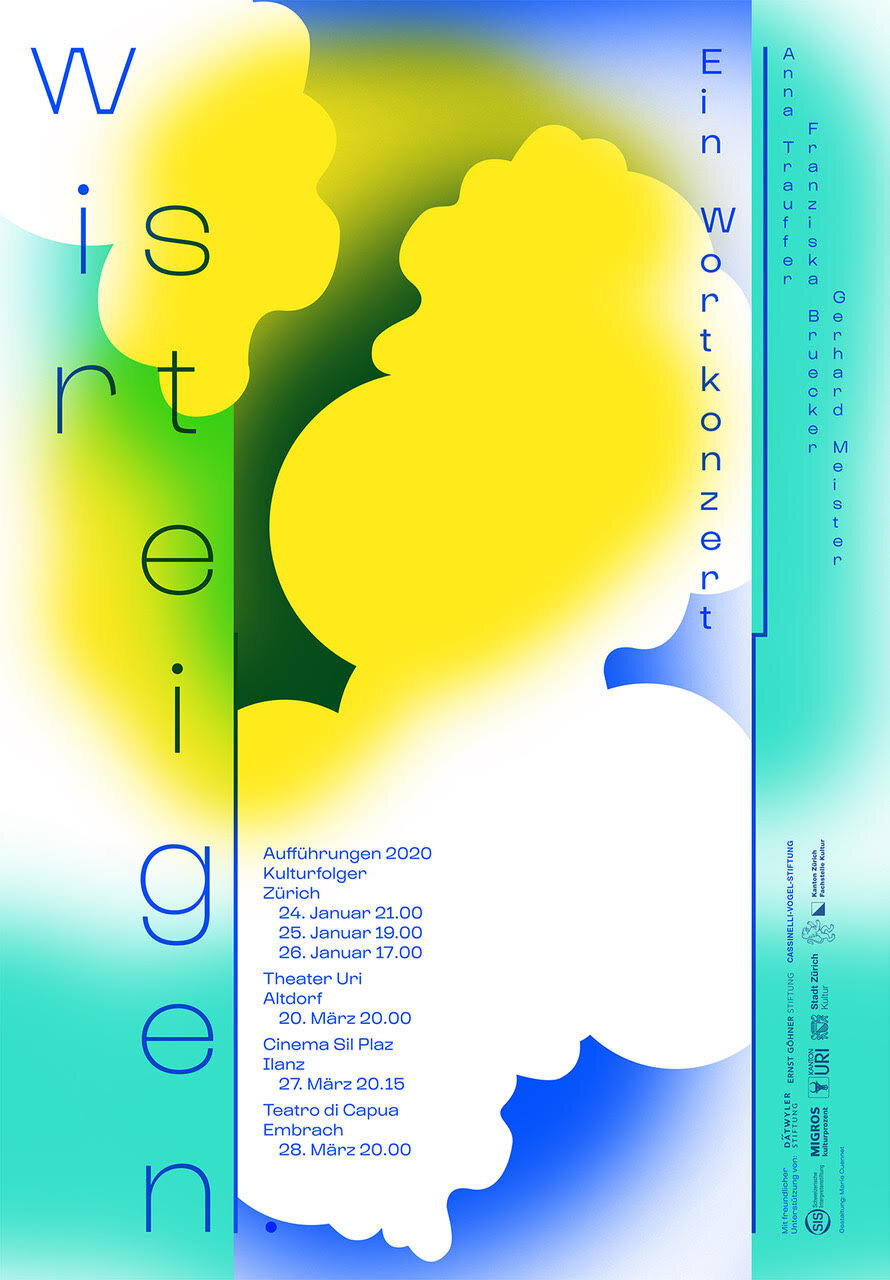 Wir steigen.     Leicht wie Luft und in ihr schwebend, so steht der Zeppelin bereit für die grosse Reise. Die beiden Musikerinnen Franziska Bruecker und Anna Trauffer steigen ein, zusammen mit dem Autor Gerhard Meister. Dann steigen sie. Und steigen immer höher. Der Zeppelin, Traumsymbol einer längst vergangenen Zeit, wird ihnen zum Gedankenvehikel und dem Ort ihrer Meditation über das Leichte und das Schwere, das Ferne und das vielleicht nur scheinbar Naheliegende. So durchfahren sie Gewitter- und Datenwolken. Und wenn unten im Meer plötzlich Wale auftauchen, die blasen, dann ist der Kapitän so nett und hält für seine Passagiere das Schiff mitten in der Luft an.  WIR STEIGEN ist die erste Zusammenarbeit der drei KünstlerInnen, ein Wortkonzert und ein Experiment, das der Frage nachgeht, wie sich Musik und Sprache zu neuen Formen verbinden lassen.     Anna Trauffer  stimme, kontrabass, komposition   Franziska Bruecker  stimme, synthesizer, live elektronik, komposition   Gerhard Meister  sprecher, posaune, text      Kulturfolger, Idastrasse 46, 8003 Zürich     24.Januar 2020 , 21 Uhr  25.Januar 2020, 19 Uhr  26.Januar 2020, 17 Uhr     Eintritt 20.- / 15.-