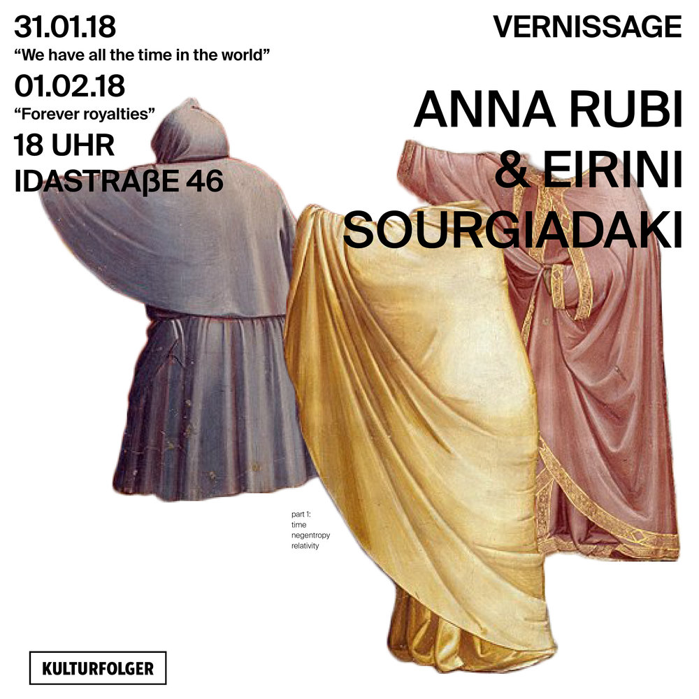 Anna Rubi and Eirini Sourgiadaki became an artistic duo in 2015. Experimentation plays an important role in their work with a focus on unusual narration modes, balancing between fiction and reality and the use of multiple platforms. They met in Zurich while studying Transdisciplinarity in the Arts (ZHDK). Since then they share their interest in culture hacking and travelling to uncommon and common places - mental and geographical ones. Works they realized together have been presented in the Z+Showroom ZHdK (Zurich, 2016), the London Biennale Manila Pollination (Manila - Berlin, 2016) and MyMuseum (Budapest, 2017) In Kulturfolger they present one video triptych per day, respectively on the topics on Waiting (Time) and Empathy (Luxury), “We have all the time in the world” and “Forever Royalties”, both realized through a complex and restricted way of storytelling. In the 24hrs Project, they present the two triptychs alongside a third work called “We buy gold ltd” which takes the form of a series of five prints, which tell a metaphorical success-and-failure story about the gold market in the Europe of crisis. Anna Rubi completed her bachelor studies in the Moholy-Nagy University of Art and Design in the media design in Budapest. After receiving her diploma, she was awarded with the Swiss Government Excellence Scholarship. In 2015 she graduated from the Zürich University of the Arts in transdisciplinary art (MA). She is a member of FKSE (Studio of Young Artists’ Association) and has been working in the field of video art, film and performance. At the moment she is collaborating with Hungarian Civil Liberties Union as a documentary film maker. Eirini Sourgiadaki holds a BA in Sociology and a MA in Cultural Management from Panteion University of Social and Political Science in Athens. She has also studied Greek and English/American Poetry and has been trained as a dancer. In 2017 she graduated from MA Transdisciplinarity in the Arts, awarded with the Hirschmann Stipendium, ZHdK Fonds Design & Kunst and the ZHdK Avina Fonds with her project “Metaphorai”. Between 2010 and 2017 she has published four books (fiction, poetry) in Athens and Zurich. She is collaborating with the Theaterhaus Gessnerallee Zürich for her event series “The Analog Session” and since November 2017 she is a PhD candidate by Prof. Giaco Schiesser (ZHdK / Kunstuniversität Linz)