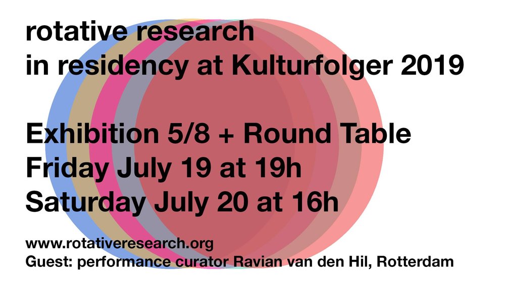 Exhibition 5/8 + Round table  Friday July 19 at 19h- Exhibition 5/8 Saturday July 20 at 16h- Round Table   -- During the entire year 2019, rotative research is in residency at Kulturfolger Gallery Zürich. They use this year to perform, study and implement the research on site: outside in the public space and inside the space of Kulturfolger. Every six weeks they present the development of their research on ‘Fragments on site 1:1, materialisation of architectural intentions'* (in continuation of their research in 2017 and 2018) as an accumulative exhibition.   A parallel series of public round table sessions opens new perspectives in response to their research questions. They have invited six guests working in different fields of the performative arts for a tête-à-tête dialogue.    *working title