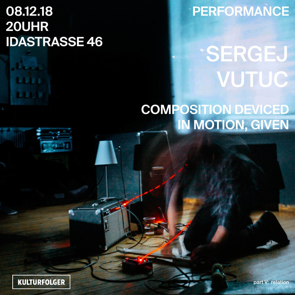 ABOUT: Performance COMPOSITION DEVICED IN MOTION, GIVEN deals with absorbing and linking multiple directions of magnetized information by forming a sound landscape. The performance is grained with visual take of reality by projection of a super 8 film in motion controlled by coincidence of paths and moment. The video is realized as spontaneous combination of moments inside a camera; it is an interaction of a trigger, motion, light and objects in between, and collection of fragments. It’s an endless rearrangement of reality, over and over, as necessary as a process itself, creating an ever-shifting landscape. BIO: Since the mid 1990s Vutuc has been engaged in the punk and skateboarding community and the aesthetics and philosophies of these DIY-cultures have granted his work a distinct character. Skateboarding is an undeniable part of all this, but the board here might better be understood as a vehicle, than a sporting tool or past time. Vutuc’s work reaffirms that the skateboarder is not a detached voyeur of urban modernity. He has to constantly engage with his environment, reinvent and make new use out of it. His gaze, like Vutuc’s, is a nomadic one. It is always searching for things that are usable, beautiful or just plain fun, things he can invest himself in. These fragments become the raw material for stories the „mouth can never say,“ stories privileged for the eye. (Galerie Michael Janssen) www.sergejvutuc.com