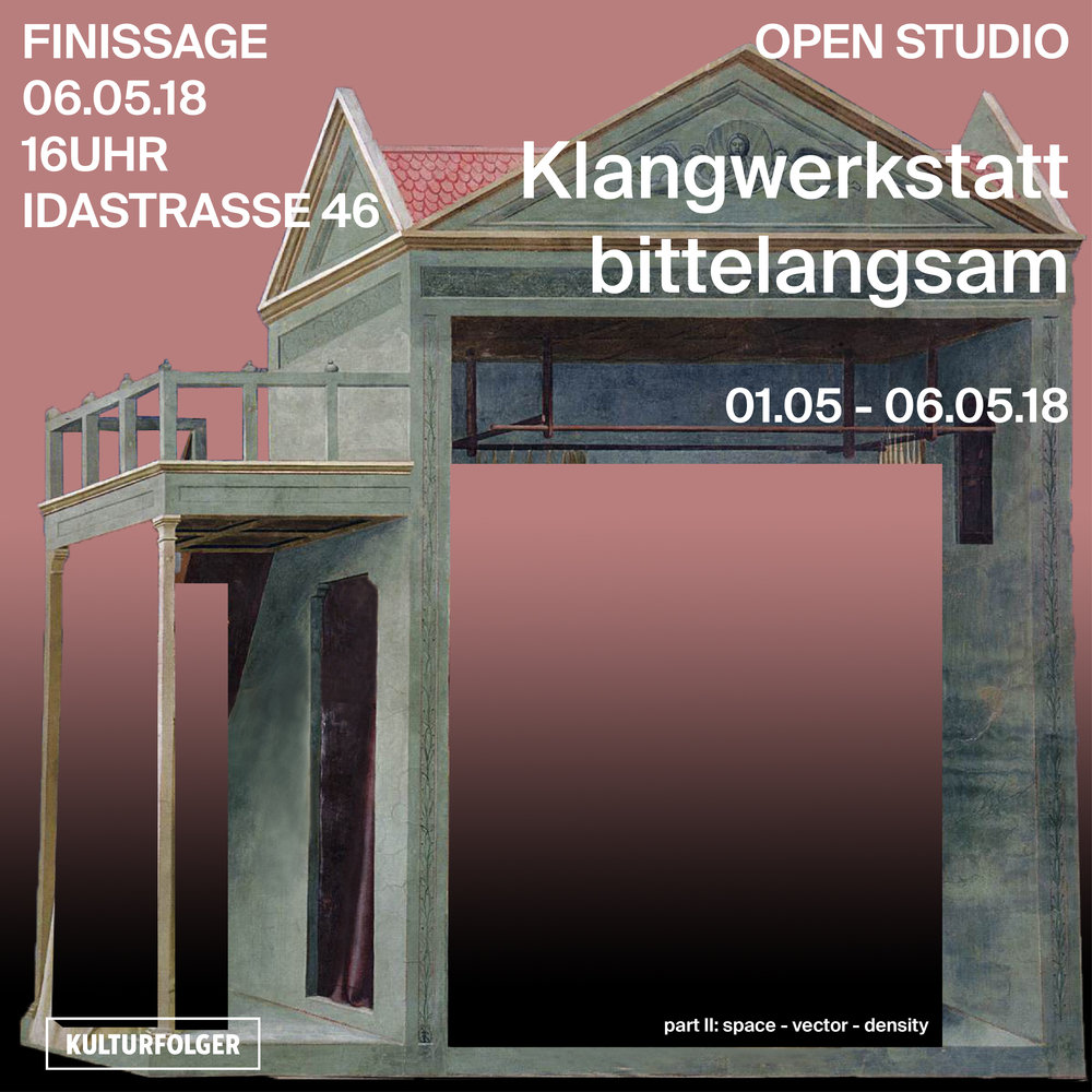 Klangwerkstatt Während fünf Tagen betreibt bittelangsam im Kulturfolger eine experimentelle Klangwerkstatt, welche ganz dem Ausstellungsraum selbst gewidmet ist. Die Frage nach der Abbildbarkeit von Räumen steht im Mittelpunkt der Untersuchungen und bildet den Auftakt für das Ausstellungsthema „Space – Vector – Density“. Mit dem Medium Klang wir ein sinnlich, erlebbares Abbild generiert, in welchem verschiedene zeitliche Momente, sowie unterschiedliche atmosphärische Element verschmelzen. Der Geist des Kulturfolgers, seine Vergangenheit und Präsenz wird eingefangen und in einem multimedialen Abbild gebündelt. Tonaufnahmen, die im Vorfeld während diverser Veranstaltungen im Kulturfolger gemacht wurden bilden das Ausgangsmaterial. Während der Klangwerkstatt wird nach Möglichkeiten gesucht, diese über verschiedene technische Mittel mit den aktuellen Sinneserfahrungen in Beziehung zu setzen. Lichtsensoren, Drucksensoren und Mikrophone werden die Bausteine bilden, welche den Raum über sein visuelles Abbild hinaus ausweiten und ihn selbst zu einem Instrument werden lassen. Die Klangwerkstatt im Kulurfolger bildet den Auftakt einer Experimentierreihe von Andrea und Heiko, welche Teil ihrer gemeinsamen Masterarbeit sein wird. bittelangsam Seit 2017 arbeiten Andrea Züllig und Heiko Schätzle zusammen unter dem Namen «bittelangsam». Ihre Projekte bewegen sich zwischen Kunst und Design, zwischen Spontanität und Langfristigkeit, Ortsbezogenheit und Universalität. Mit der Intention diese Schnittstellen zu untersuchen übertragen sie Wissen und Denkstrukturen auf neue Kontexte und Umgebungen. Ihre Arbeit widmet sich dem Entdecken und Wandeln von sinnlichen Ereignissen in eine räumliche, ästhetische Erfahrung. Auf einer sphärischen, nonverbalen Ebene untersucht und kreiert bittelangsam Raum und Klang, Ästhetik und Kultur. Andrea Züllig studiert Integrative Design im Masterstudio an der HGK Basel. Sie hat langjährige Berufserfahrung als selbständige Grafikdesignerin. Zusätzlich ist sie im Fotomuseum Winterthur im Ausstellungsumbau engagiert. Fasziniert von Zeichen, Sprache und Klängen, begeistert sie im Spiel mit den Grenzen des Übersetzbaren und der non-verbalen Kommunikation. Heiko Schätzle studiert im Master Transdisziplinarität an der ZHdK. Er arbeitete als Landschaftsarchitekt im Bereich Entwurf in unterschiedlichen Büros und Kontexten; studierte Philosophie und Kunstwissenschaft. Das Entdecken von Orten und Kulturen als Teil des Entwurfes inspiriert ihn, sich zwischen verschiedenen Diskursen und Disziplinen zu bewegen. www.bittelangsam.ch